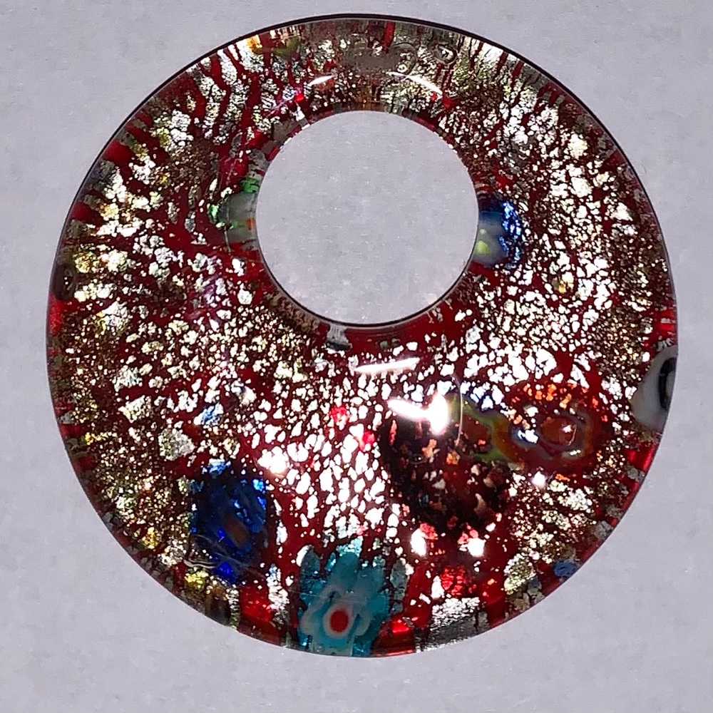 Handmade Glass Pendant Red Multicolored Circle Shape.